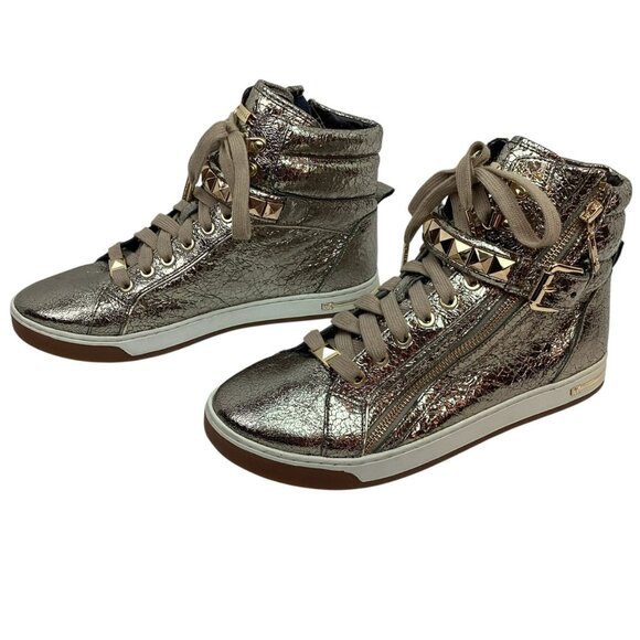 Michael Kors Gold Glam Studded Womens 9.5M Metallic Leather High Top Sneakers - Picture 1 of 16
